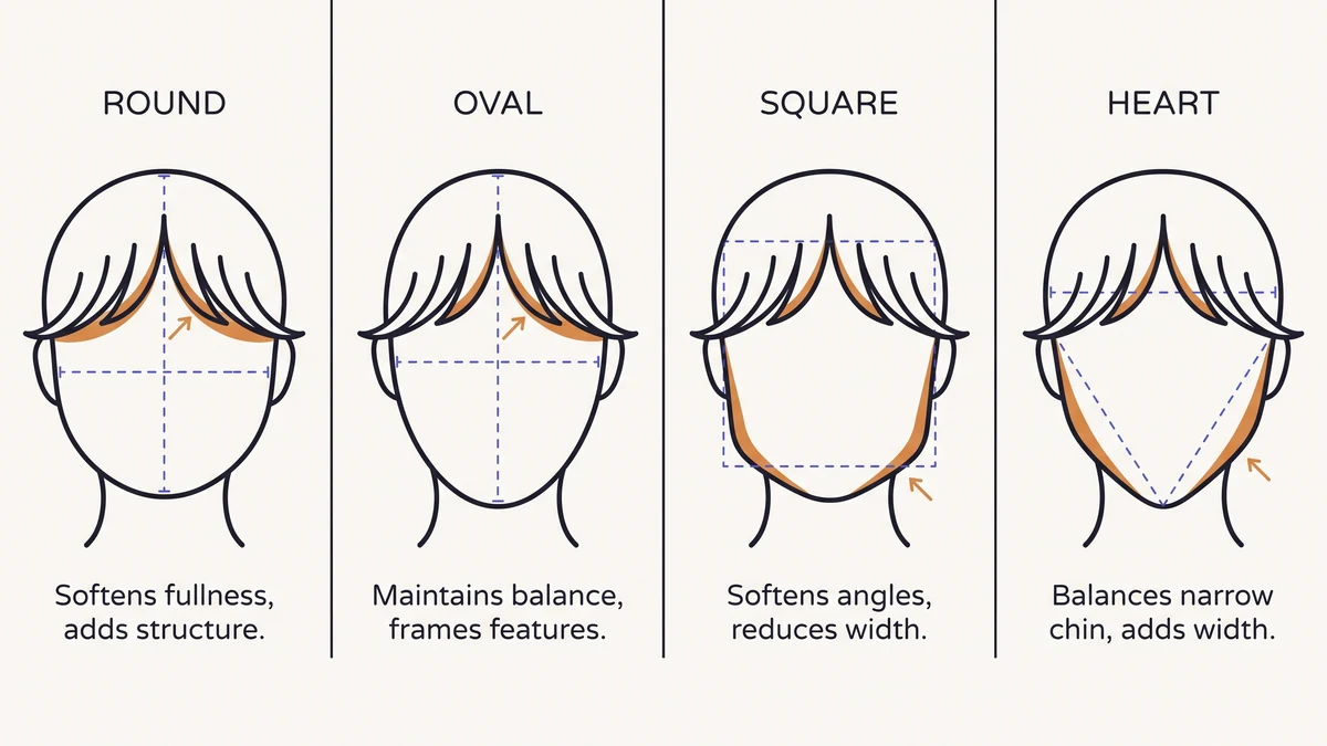 Curtain bangs styled on round, oval, square and heart face shapes for comparison