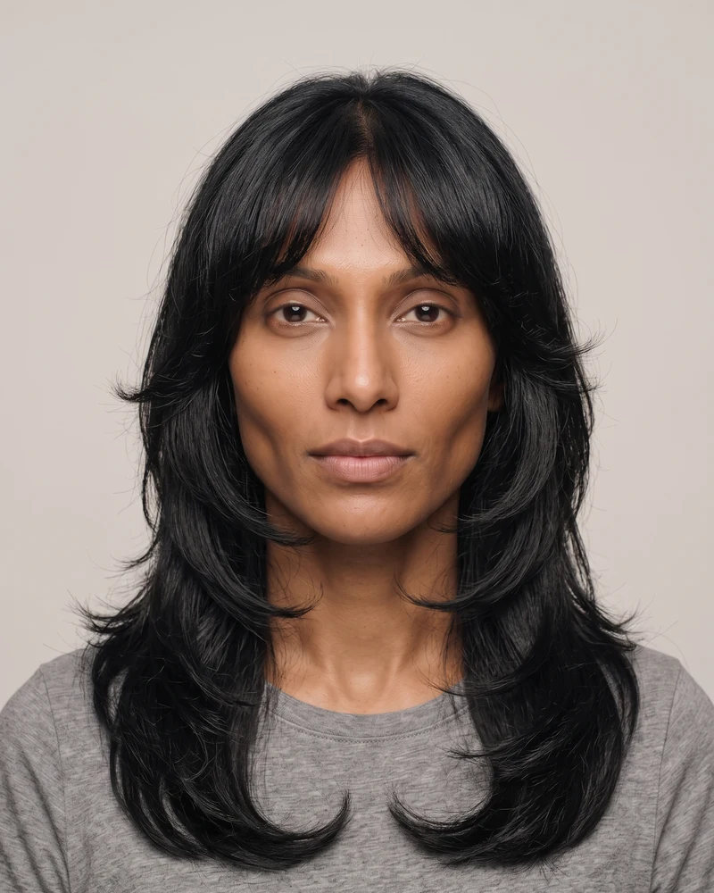 Woman with a diamond face shape wearing a long layered butterfly haircut