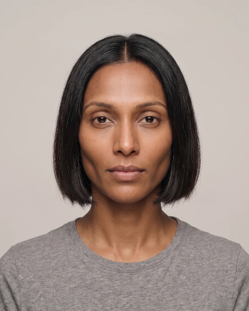 Woman with a diamond face shape wearing a chin-length bob