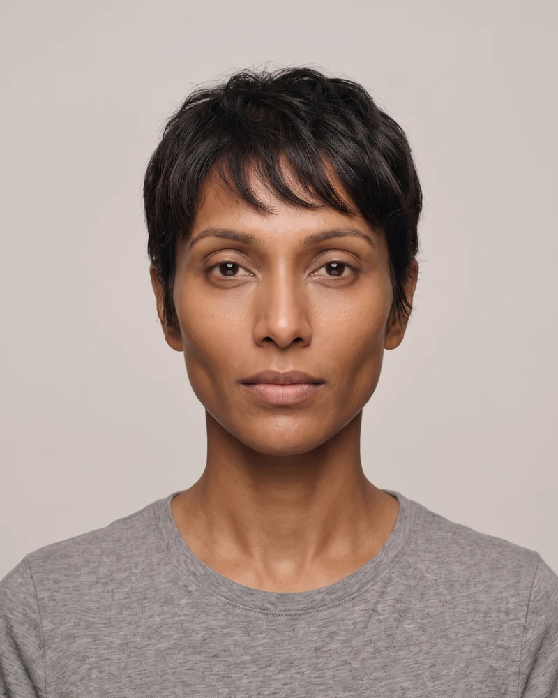Woman with a diamond face shape wearing a pixie cut with soft fringe