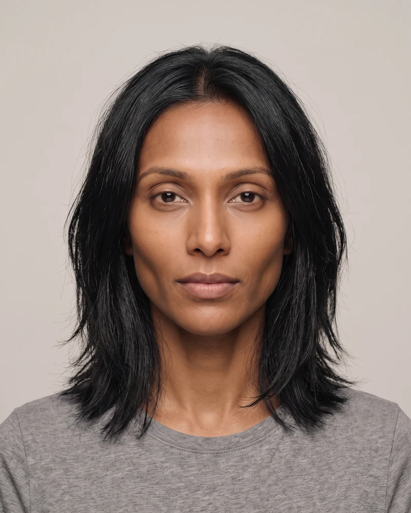 Woman with a diamond face shape wearing a textured lob with layers