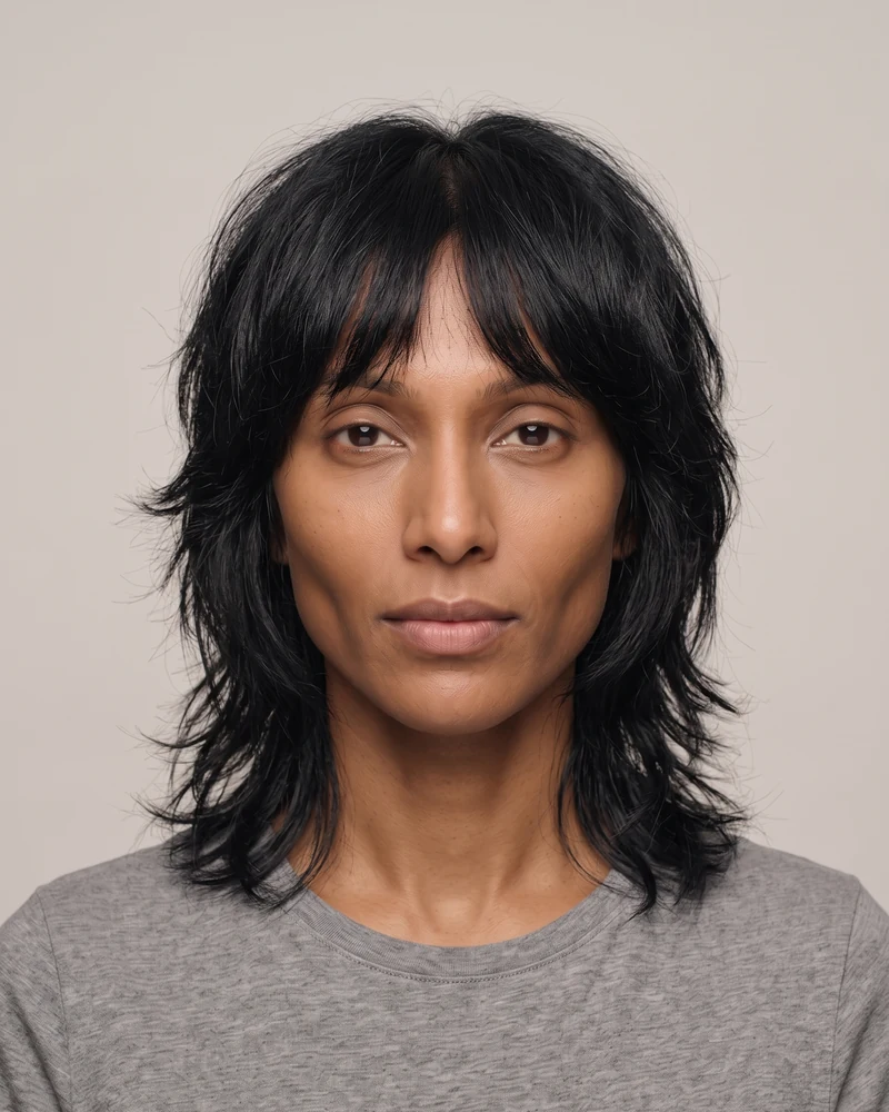 Woman with a diamond face shape wearing a wolf cut