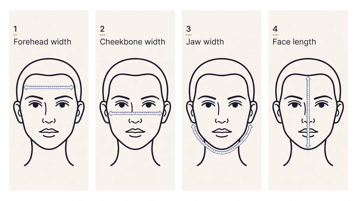 Step-by-step diagram showing how to measure forehead width, cheekbone width, jawline width and face length