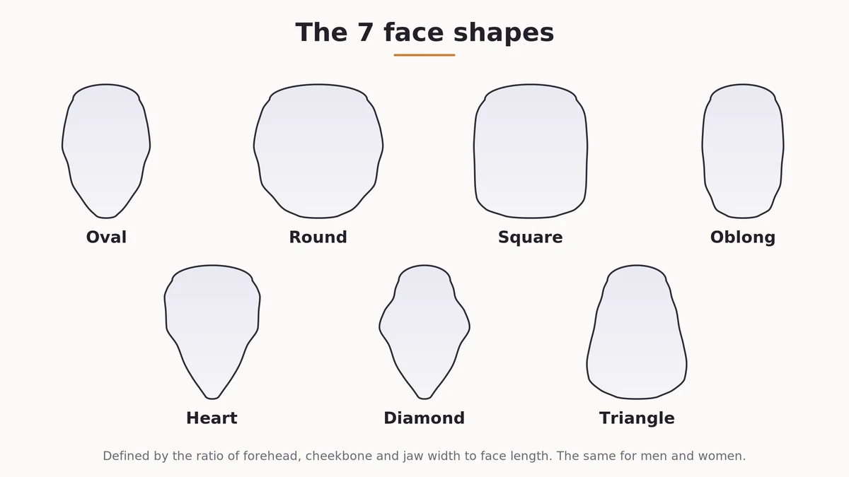 Face shape chart showing oval, round, square, oblong, heart, diamond and triangle face shapes with labeled measurements