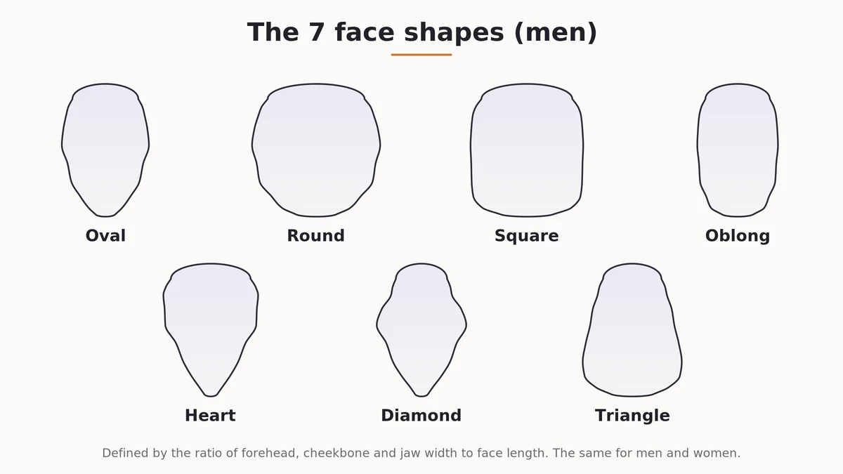 Male face shape chart comparing all seven face shapes
