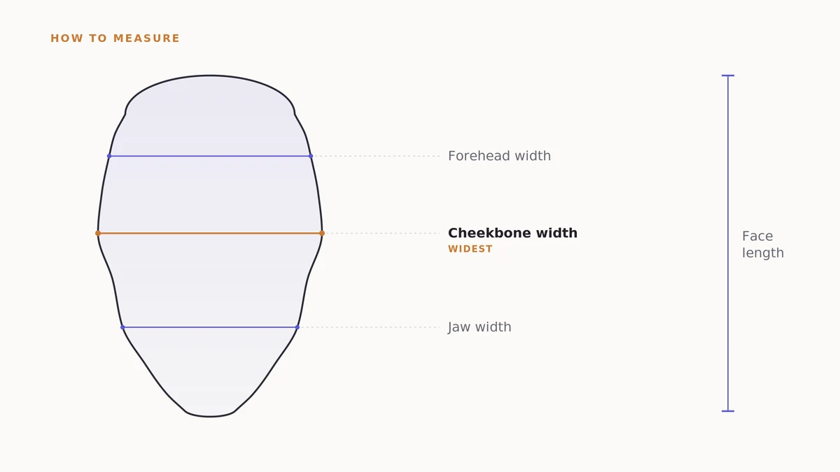 Diagram showing where to measure forehead width, cheekbone width, jawline width and face length