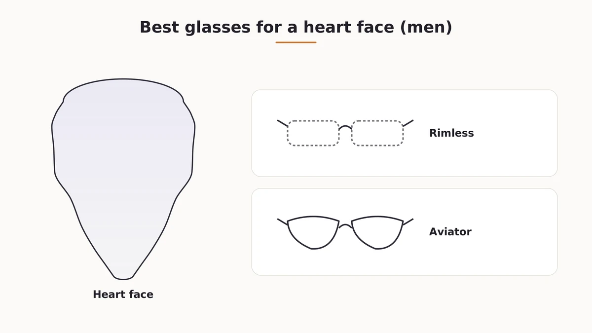 Rimless and aviator glasses frame examples flattering for men with a heart face shape