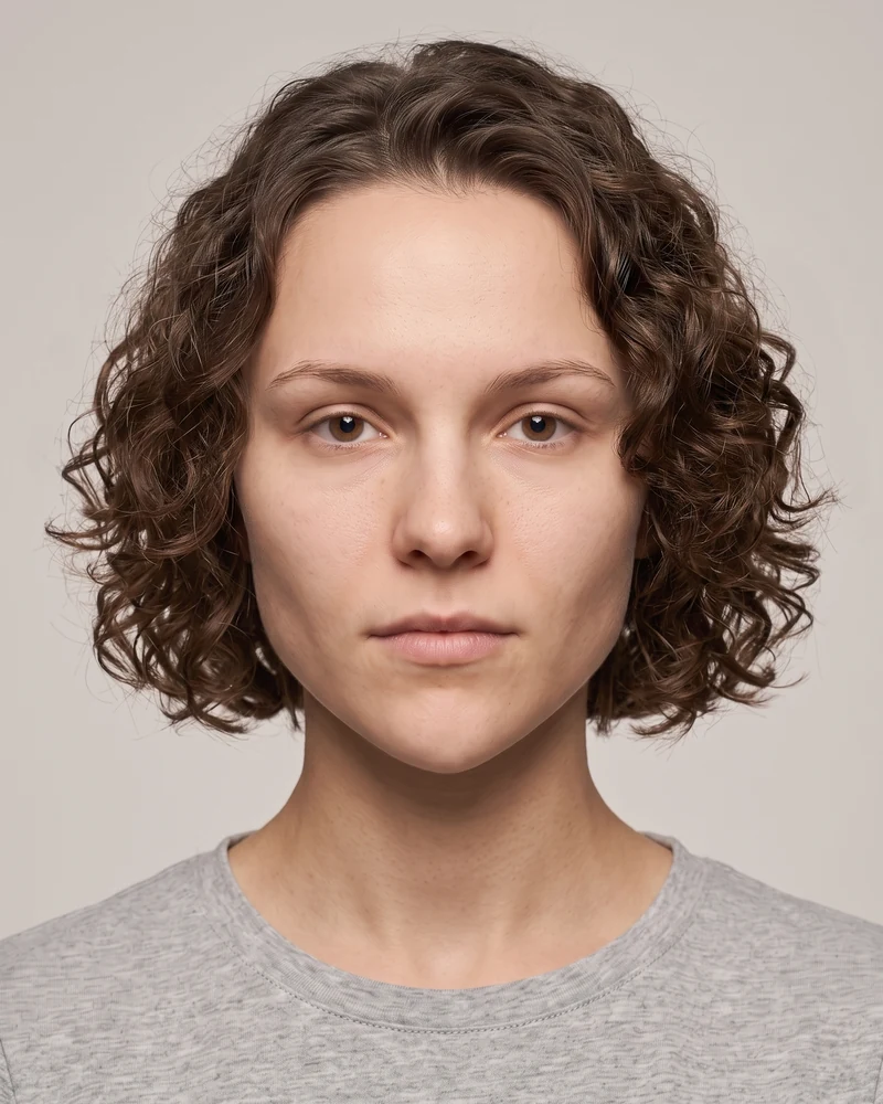 Woman with a heart face shape wearing a curly bob