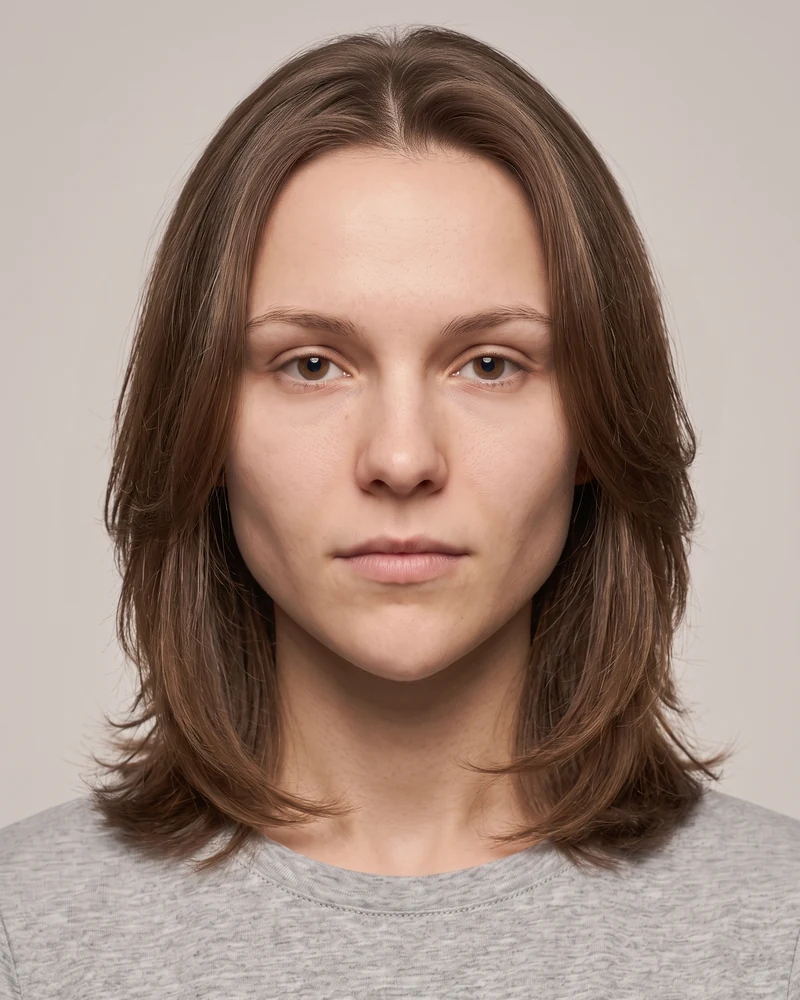 Woman with a heart face shape wearing a layered lob with a side part
