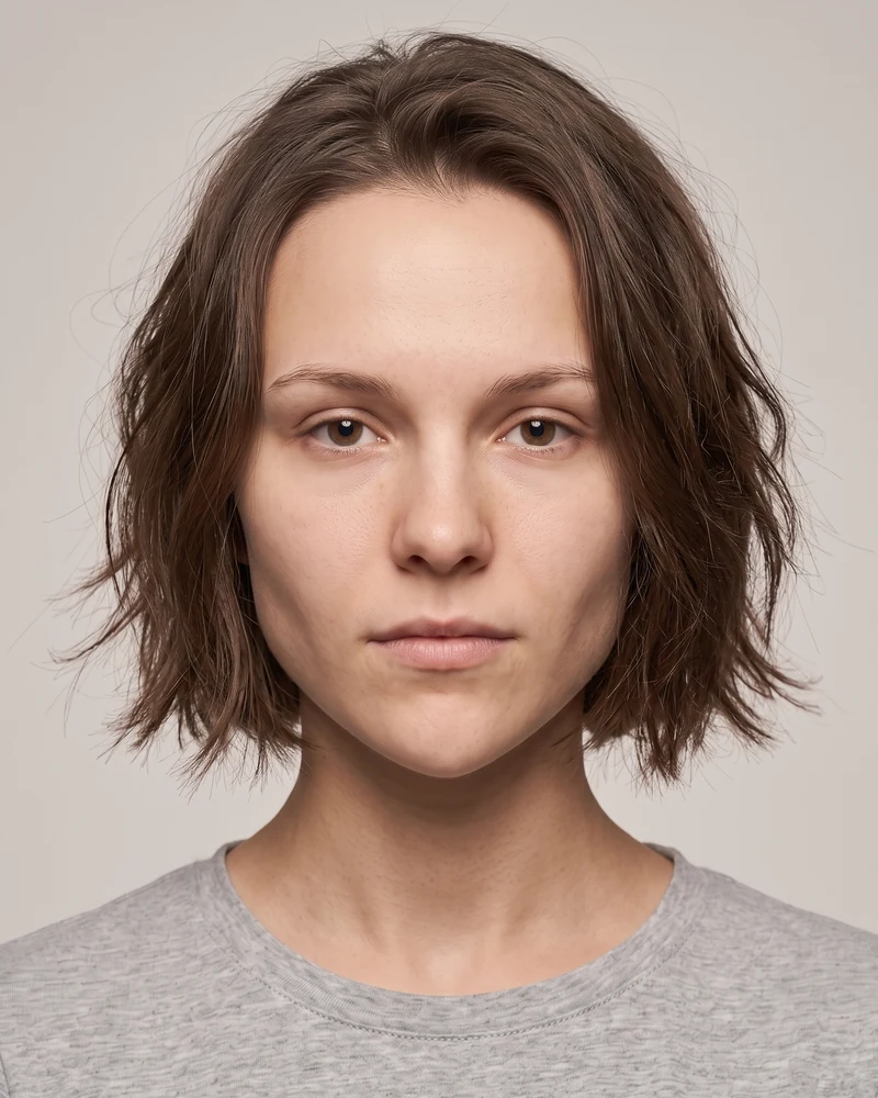 Woman with a heart face shape wearing a textured bob with wispy ends