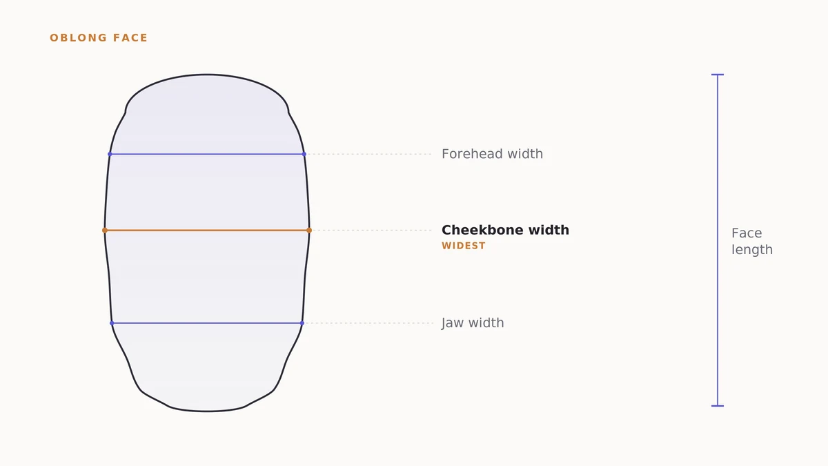 Diagram of an oblong (rectangle) face shape with labeled forehead, cheekbone, jawline and face-length measurement lines