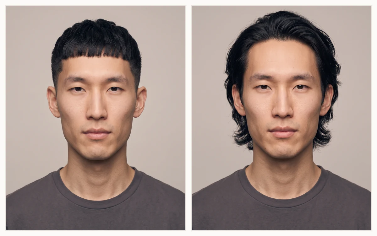 Collage of flattering men's haircuts for an oblong face shape including a French crop and bro flow