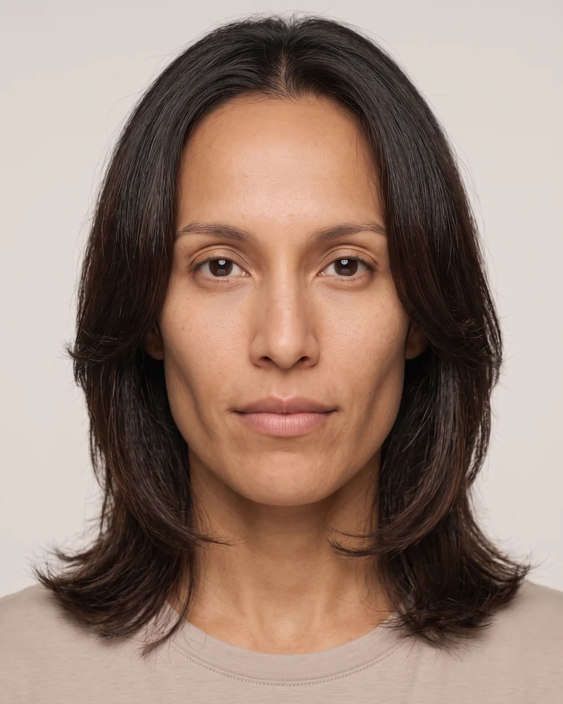 Woman with an oblong face shape wearing face-framing layers at cheekbone length
