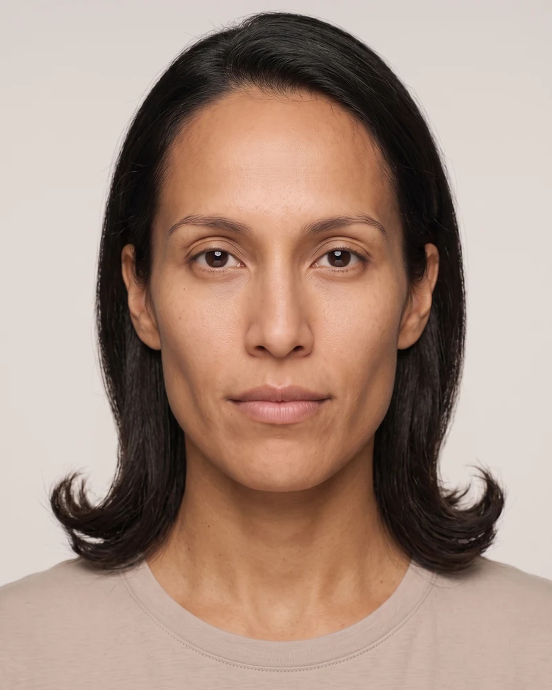 Woman with an oblong face shape wearing a collarbone-length lob with ends curled outward