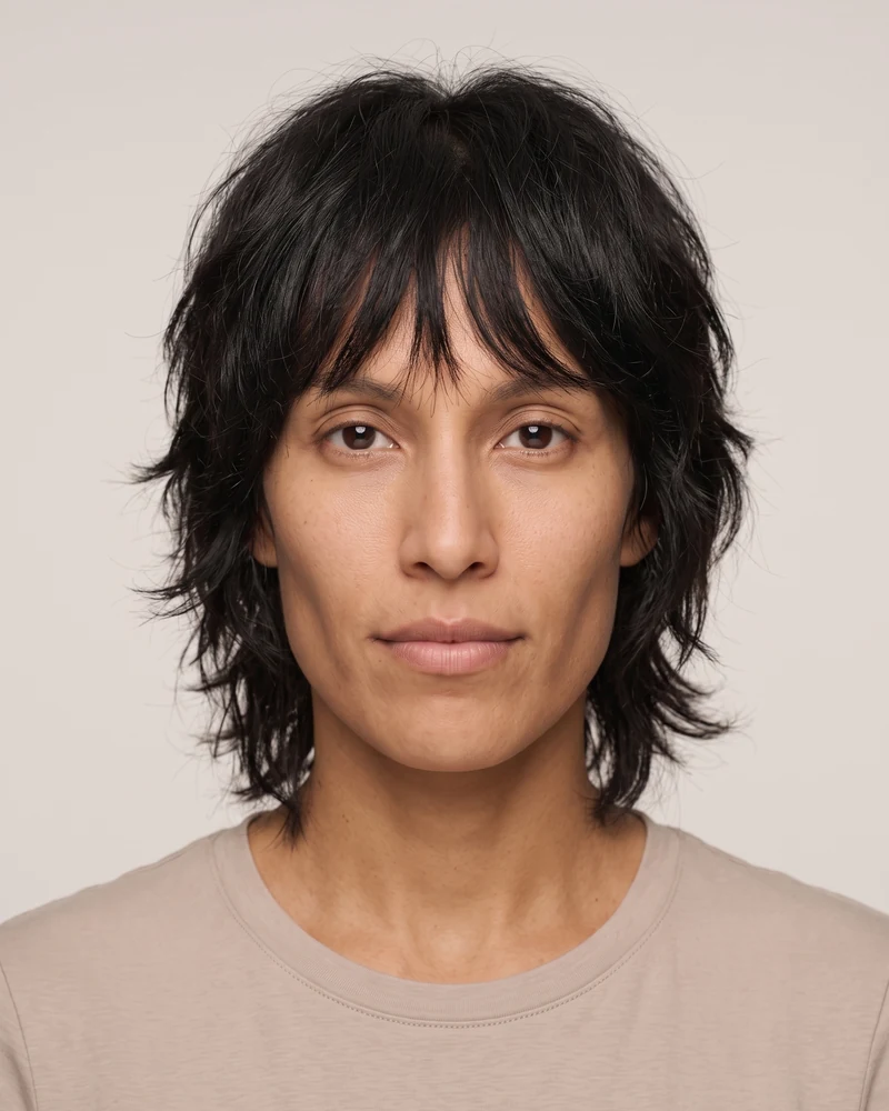 Woman with an oblong face shape wearing a textured shag haircut