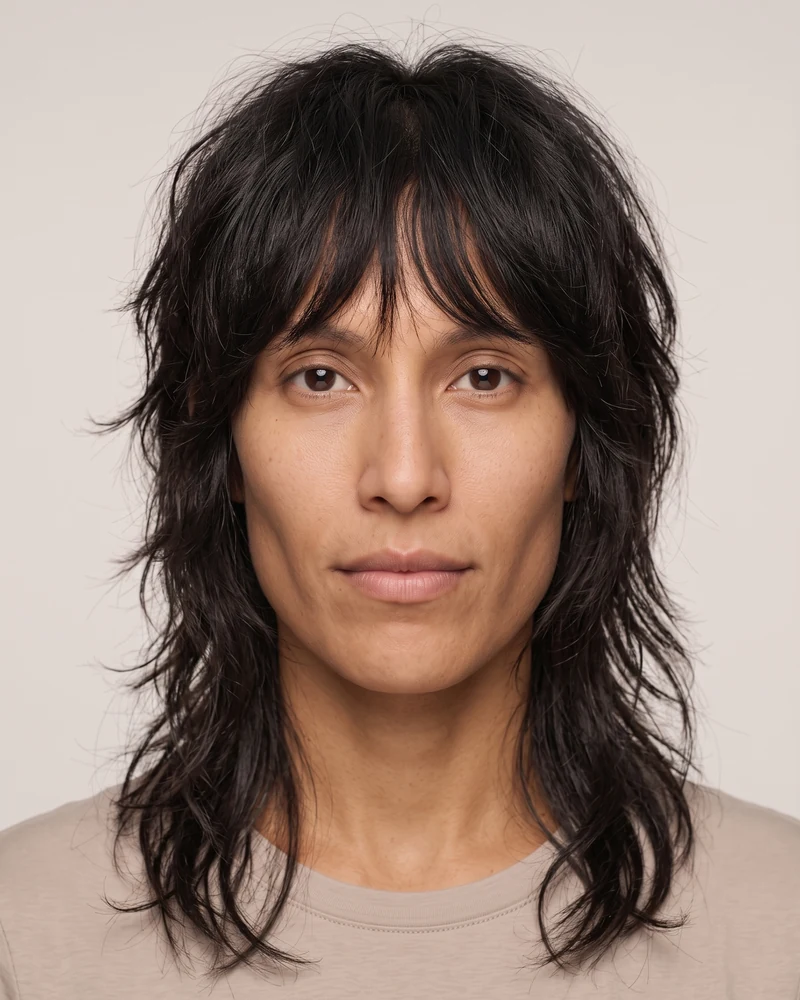 Woman with an oblong face shape wearing a textured wolf cut