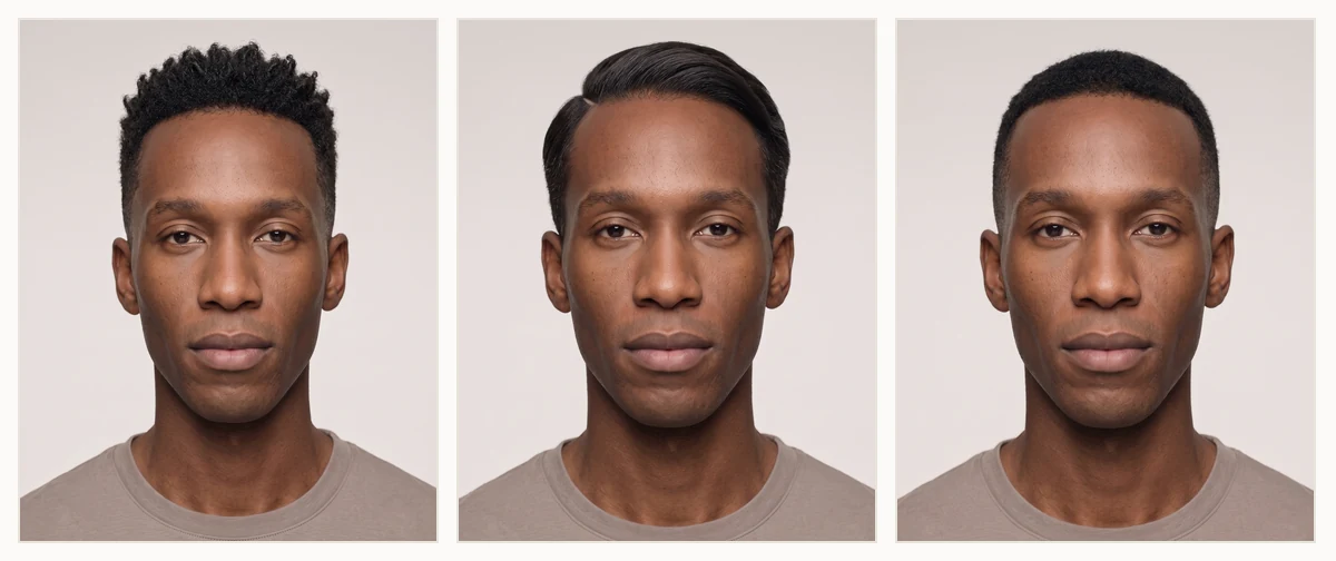 Collage of flattering men's haircuts for an oval face shape including a textured crop, side part and crew cut