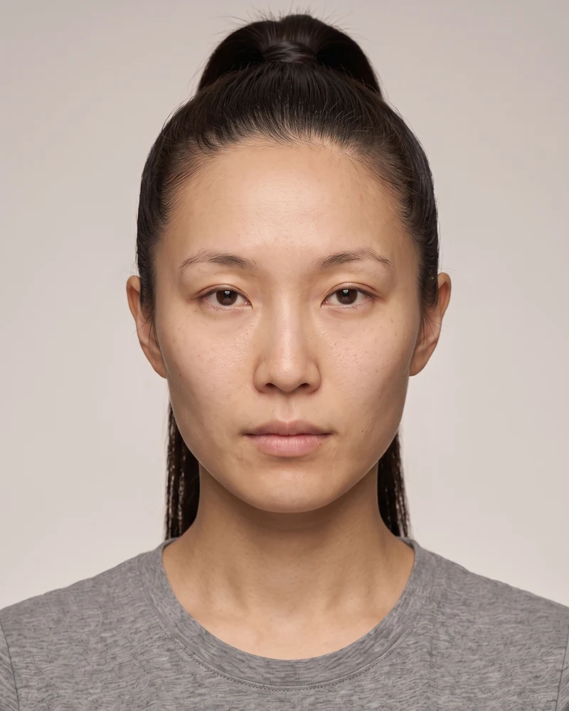 Woman with an oval face shape wearing a high sleek ponytail
