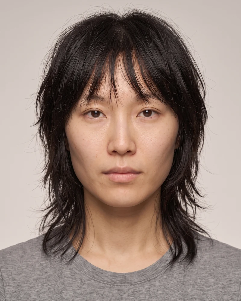 Woman with an oval face shape wearing a textured wolf cut