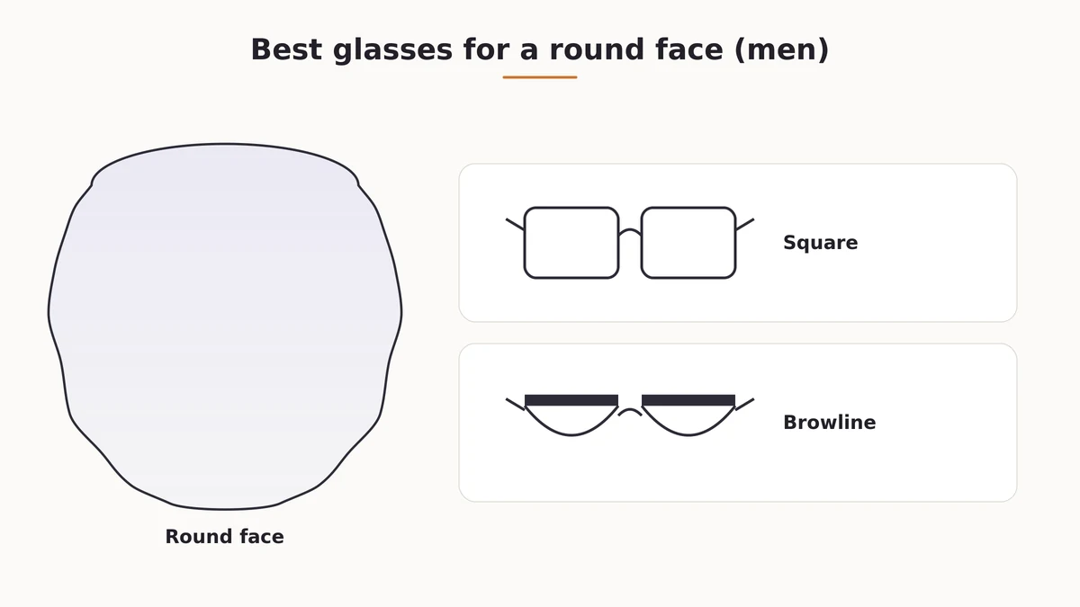 Square and browline glasses frame examples flattering for men with a round face shape