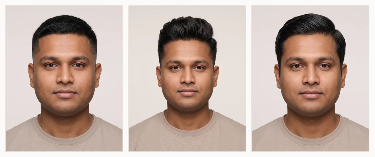Collage of flattering men's haircuts for a round face shape including a fade, quiff and side part