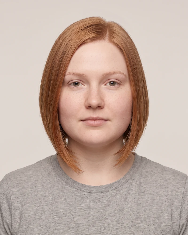 Woman with a round face shape wearing an angled bob longer at the front
