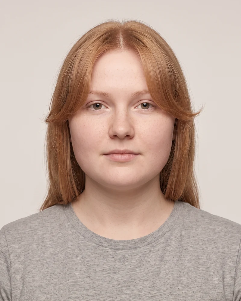 Woman with a round face shape wearing curtain bangs with a center part