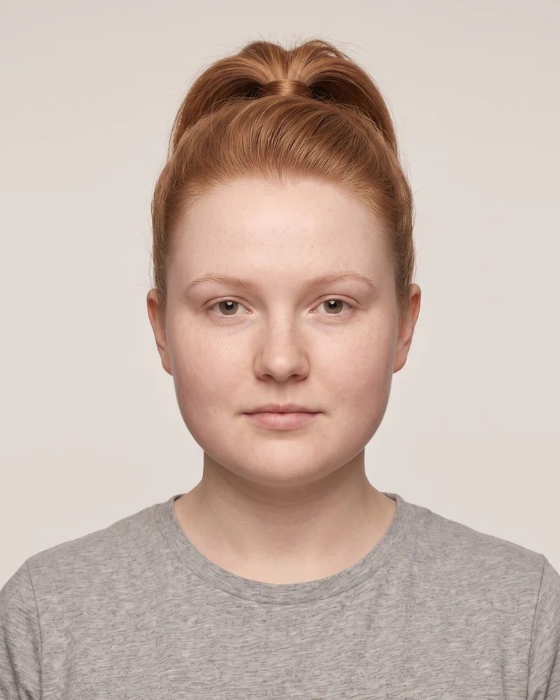 Woman with a round face shape wearing a high ponytail with crown volume