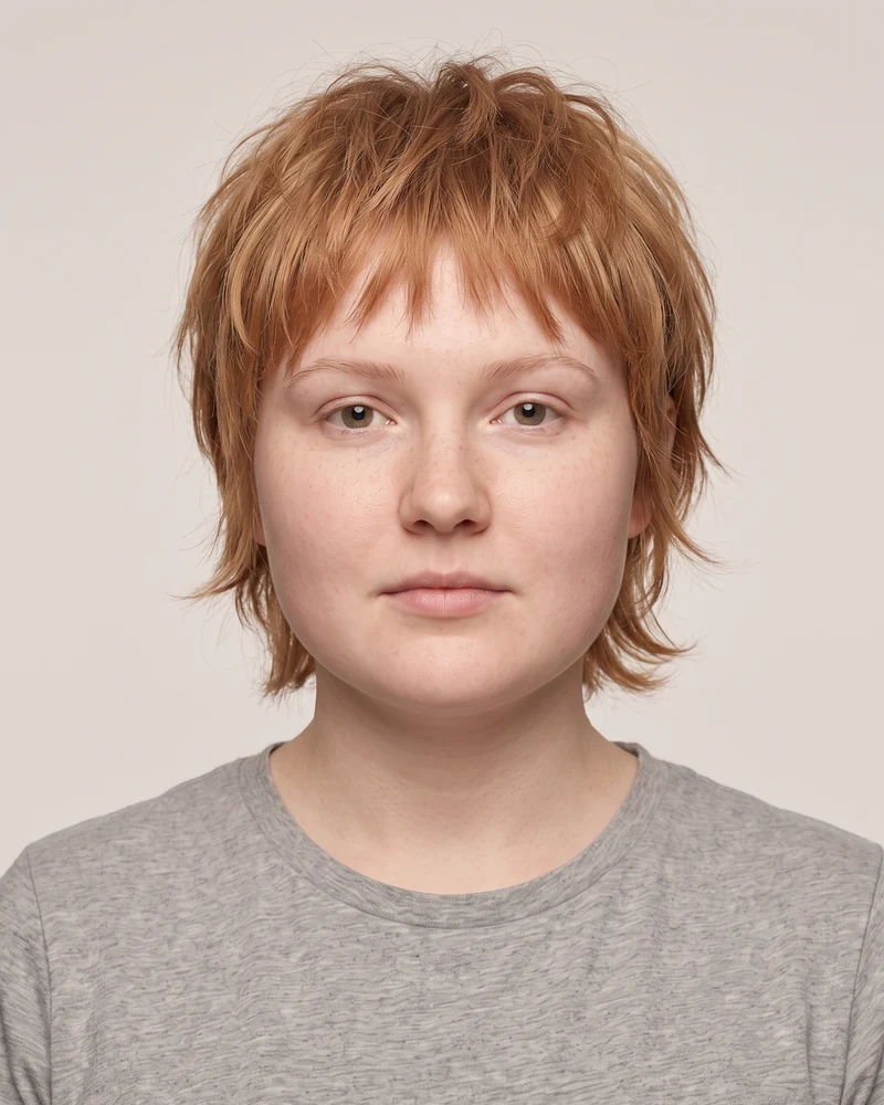 Woman with a fuller round face shape wearing a short layered shag haircut