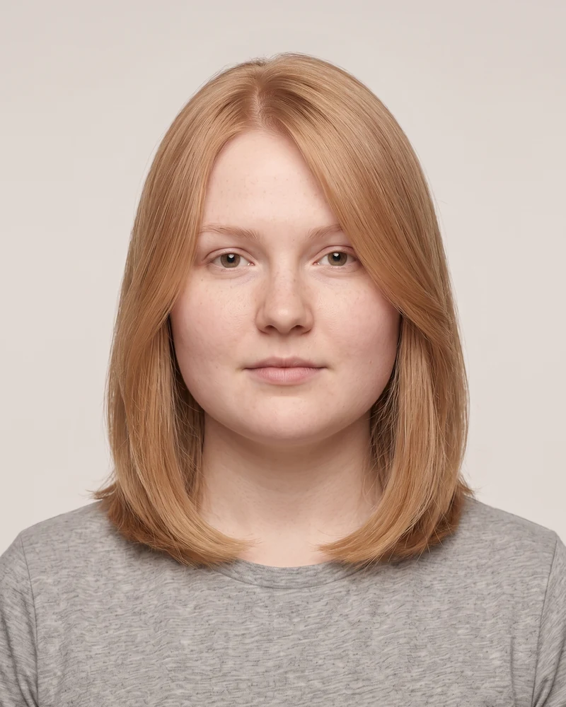 Woman with a round face shape wearing a lengthening lob with a side part