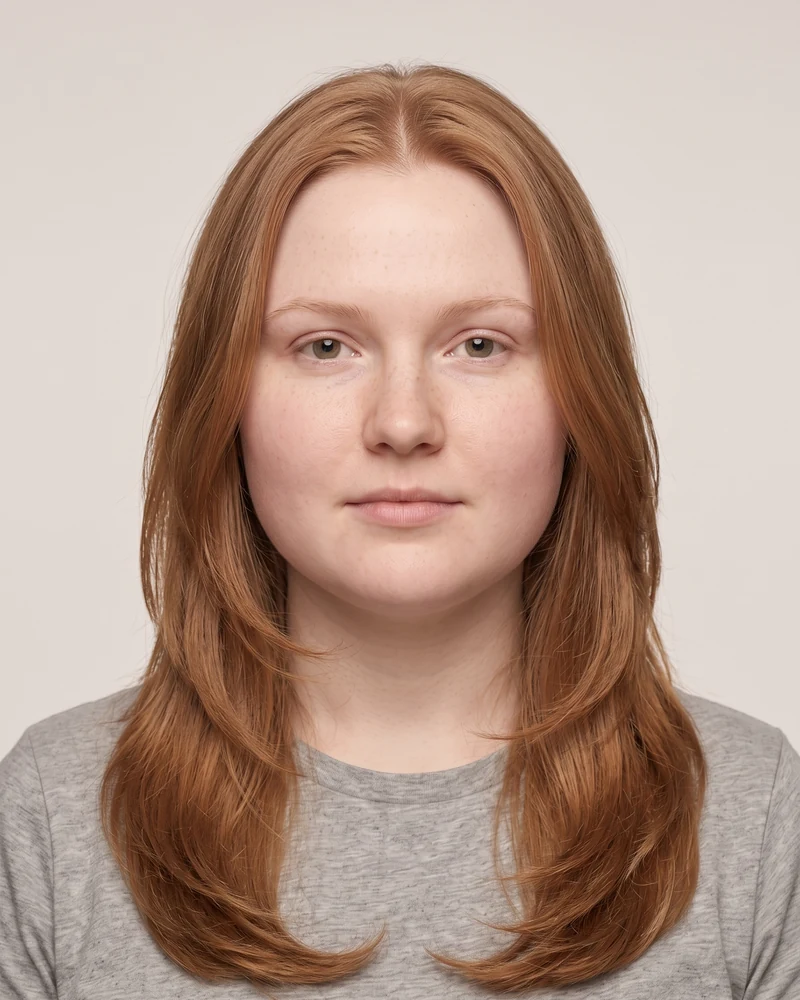 Woman with a round face shape wearing long layered hair starting below the jaw