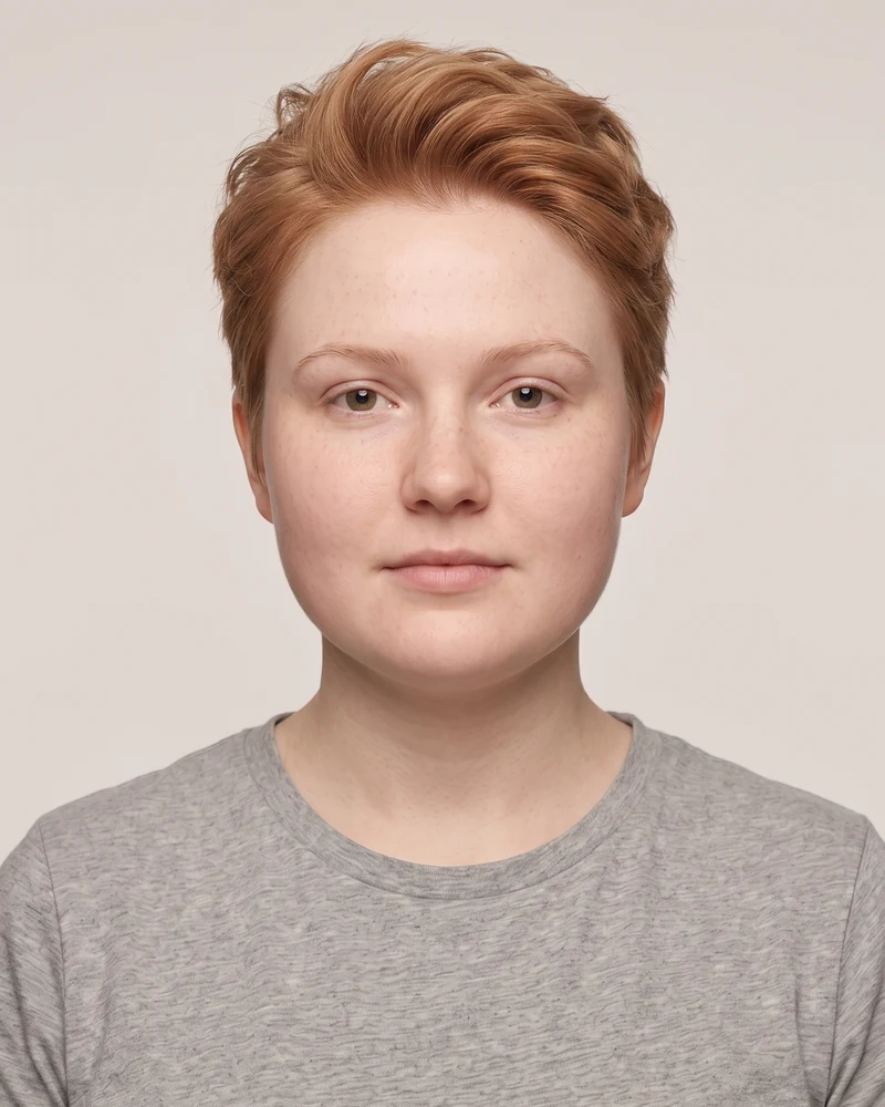 Woman with a round face shape wearing a pixie cut with lift at the crown