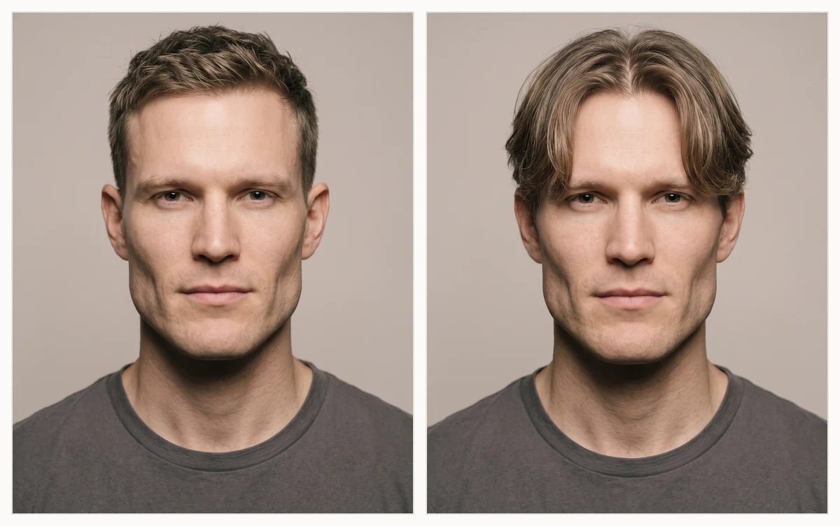 Collage of flattering men's haircuts for a square face shape including a textured crop and curtain fringe