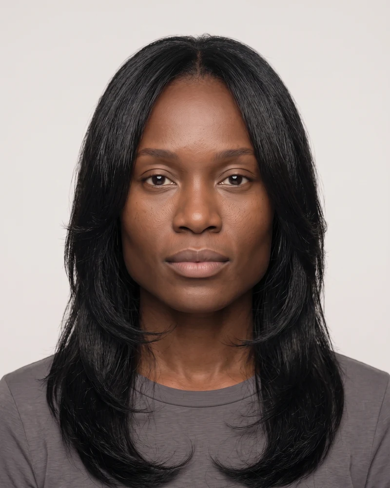 Woman with a square face shape wearing long sweeping layers