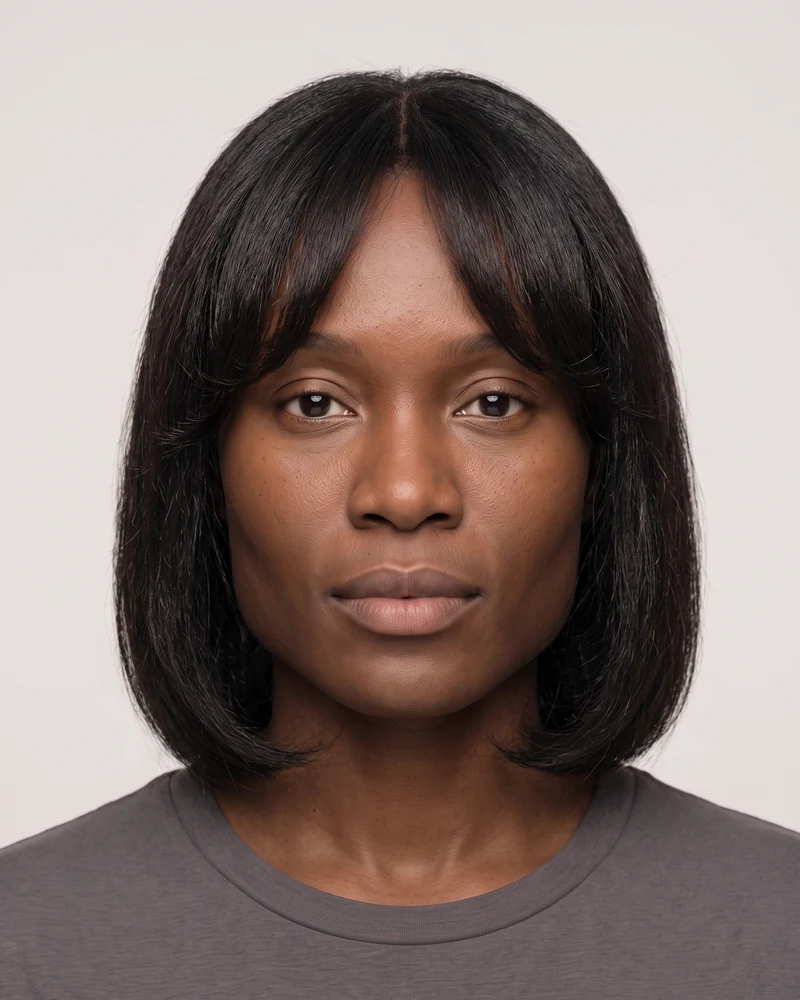 Woman with a square face shape wearing curtain bangs