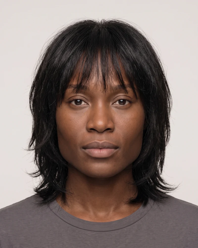 Woman with a square face shape wearing a soft shag haircut with wispy bangs