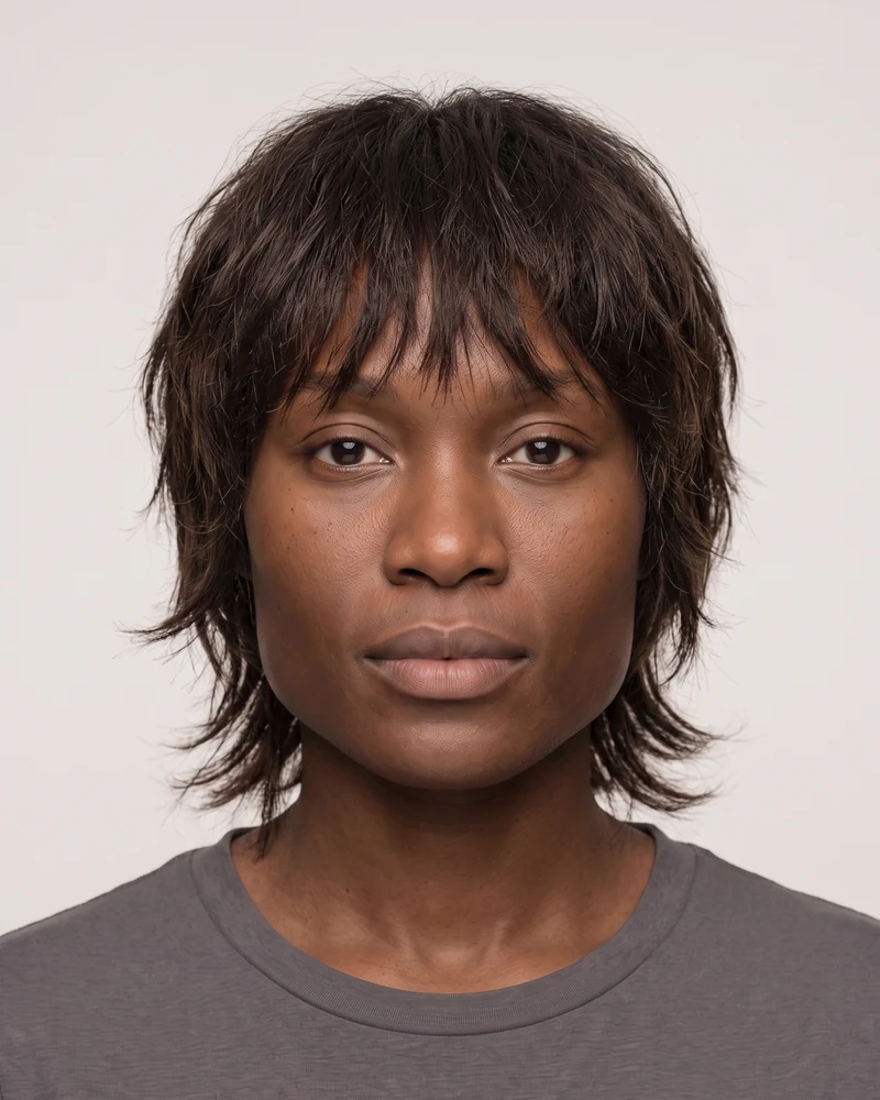 Woman with a square face shape wearing a textured wolf cut