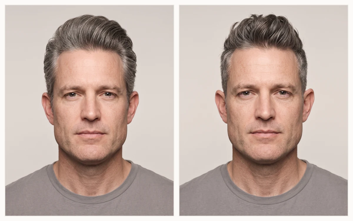 Collage of flattering men's haircuts for a triangle face shape including a pompadour and textured quiff