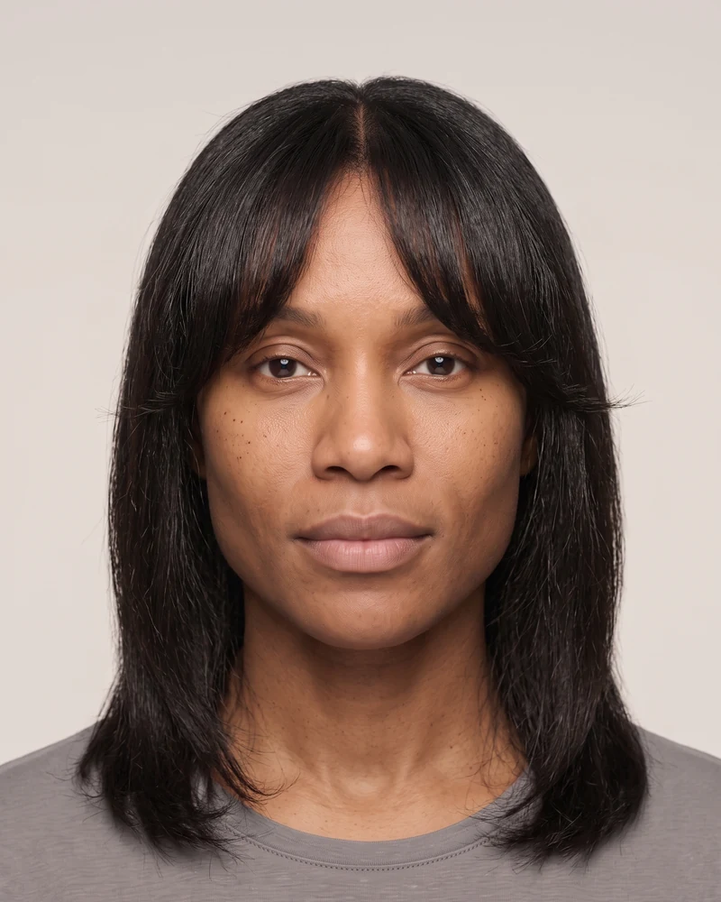 Woman with a triangle face shape wearing centre-parted curtain bangs