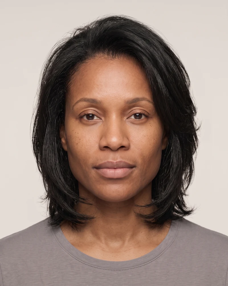 Woman with a triangle face shape wearing a layered lob with crown volume