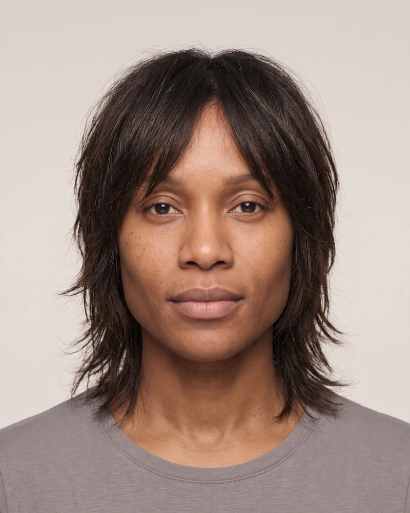 Woman with a triangle face shape wearing a layered shag haircut